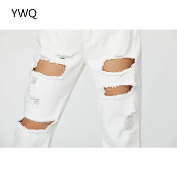 Moterų Balti Ripped Jeans Aukšto Juosmens Aukštos Streetwear Tiesios Kojos Kelnės Moteriška Krovinių Pnats Priežastinis Skylę Prarasti Baggy Jeans Moterims