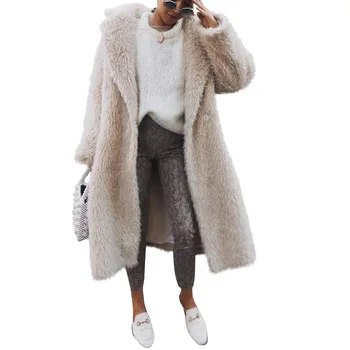 Moterų Žiemos Plius Dydis Dirbtiniais Kailių Paltai Bombonešis Vilnos Teddy Kailis Smėlio Spalvos Paltas Ilgomis Rankovėmis Derliaus Outwear Mujer