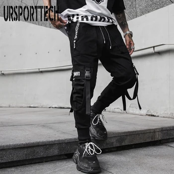Nauja Juoda Krovinių Kelnės Hip-Hop Poilsiu Vyrai Laisvi Haremo Kelnės Multi-pocket Juostelės Kelnės Atsitiktinis Streetwear Sport Kelnės Vyrams