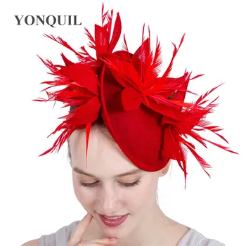 Nauja Raudona Dirbtinė Sinamay Fascinators Elegantiškas Ponios Plunksnų Gėlių Skrybėlę Hairclips Britų Vestuves Derby Plaukų Aksesuarai