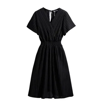Naujas 2021 m. vasarą plius dydis suknelė moterims didelis trumpomis rankovėmis prarasti atsitiktinis retro V kaklo plisuotos suknelė juoda 3XL 4XL 5XL 6XL 7XL