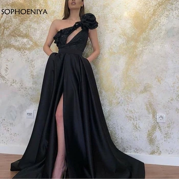 Naujas Atvykimo Vieną petį Juoda vakaro suknelės Ilgio Plyšio pusėje Prom Šalies vakare gown moterų 2021 vestidos formais
