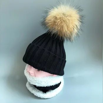 Nekilnojamojo kailių žiemos kepurės vaikams Kaklo šilti megztiniai slidinėjimo kepurė šalikas kailio pamušalas Berniukų ir mergaičių skrybėlę nustatyti Megzti aksomo skullies kepuraitė