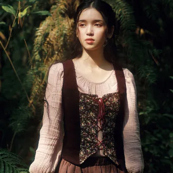 Nemokamas pristatymas pavasarį ir rudenį originalus dizainas su retro Mori mergina kaimo švarkelis, velvetas siūlėmis su liemene striukė