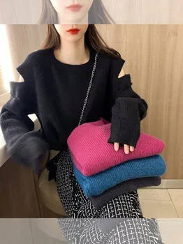Off-the-pečių megzti megztinis moterų rudenį ir žiemą dėvėti 2020 naujas prarasti laukinių tingus seksualus ilgomis rankovėmis megztinis ilgomis rankovėmis