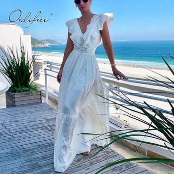Ordifree 2021 M. Vasarą Elegantiška Vintage Moterų Ilgas Šalis, Seksuali Suknelė Be Rankovių Balta Tunika Paplūdimio Suknelė