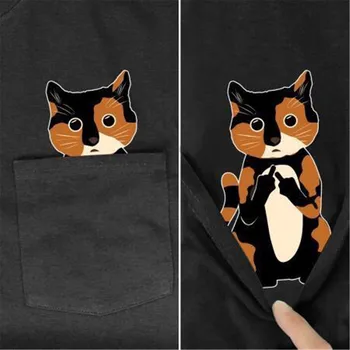 PLstar Kosmosas Marškinėliai vasaros kišenėje katė atspausdintas t-shirt vyrai moterys marškinėliai topai juokinga medvilnės juoda tees stiliumi-1 Lašas laivybos