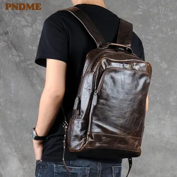 PNDME mados derliaus aukštos kokybės natūralios odos vyriški laisvalaikio kuprinė paprasta dizaineriai bookbag paaugliams kelionės nešiojamas bagpacks