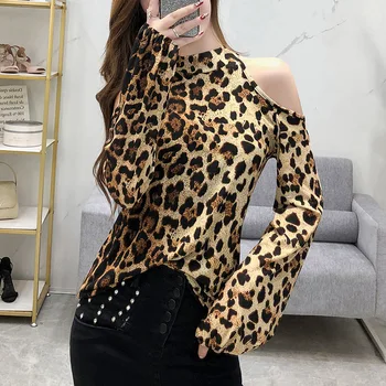 Pavasarį Naujos Mados Stebėjimo Seksualus Leopard-print ilgomis rankovėmis Pusę-aukštos Apykaklės, Žemiausią Marškinėliai T-shirt Moteris Banga