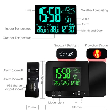 Pažangi Projection Alarm Clock Spalvų Ekrano Projekcijos Radijo Laikrodis Daugiafunkcinis Atidėti Žadintuvo Orų Prognozė Laikrodis