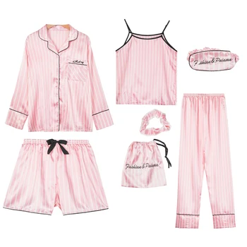 Pink moteriški 7 Gabalus Pižama Rinkiniai Dirbtiniais Šilko Dryžuotas Pyjama Moterų Sleepwear Rinkiniai Pavasarį, Vasarą, Rudenį Homewear