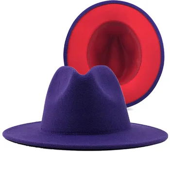 Platus Kraštų Violetinė Raudona Apačioje Kratinys Bažnyčia Derby Top Hat Panama Manė, Fedoras Kepurės Moterims, Vyrams, dirbtinės vilnos Džiazo Bžūp 2021