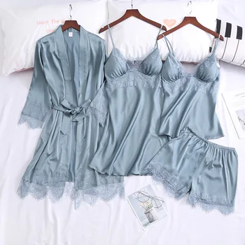 Ponios pižamą ledo šilko seksualus pižamą suspender nightdress keturių dalių kostiumą su krūtinės mygtukai patogus Homewear SP0006