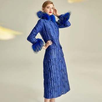 Prabanga Royal Blue Siuvinėjimo Moterų Žiemos Paltai Medvilnė Paminkštinimas Tikro Kailio Plonas Ilgas Moterų Outwear Parkas 2020 Naujas Žiemos Kostiumas