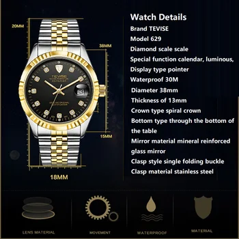 Prabangos Prekės TEVISE Vyrai Žiūrėti Vandeniui Automatinis Mechaninis laikrodis Mados Laikrodis Šviesos Sporto Atsitiktinis Plieno Laikrodžiai Dovanų