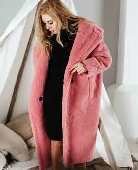 Raudona Moterų Negabaritinių Teddy Paltai 2019 Žiemos Mados Ponios Šiltas Ėriukų Vilna Striukės Moterų Palaidi Ilgi Paltai Mergaitėms Storio Viršutinių Drabužių Siuvimas