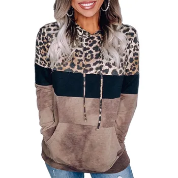 Rudenį, Žiemą Leopard Spliced Gobtuvu Puloveriai Viršūnes Atsitiktinis Moterų Marškinėliai su Kišenėje Elegantiškas Mados Ponios ilgomis Rankovėmis Palaidinė