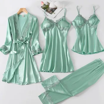 SIDDONS Moterų Pižama Rinkiniai Dirbtiniais Šilko Pižama Sleepwear Mados Elegantiškas, Seksualus Nėriniai 4 Gabalus Tiktų Pavasarį, Rudenį Homewear Naujas
