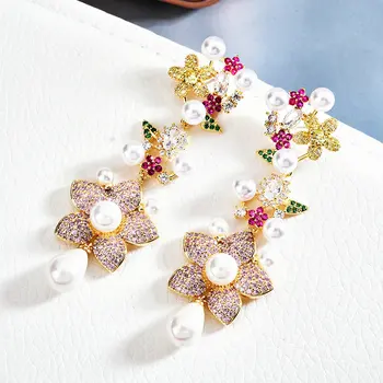 SINZRY prabanga kubinis cirkonis gėlių ilgai lašas auskarai imituojamas pearl šviečia vestuvių vestuvių auskarai