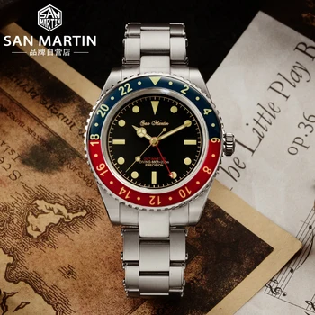 San Martin Derliaus GMT SN005 6542 Nerūdijančio Plieno Retro Vyrų Laikrodžiai Vandens Dvasios Prabanga Mechaninė Automatinė Vyrų Riešo laikrodžių Vyrams