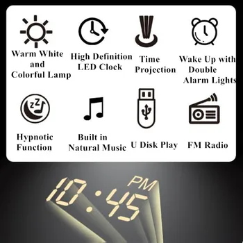 Skaitmeninis Projekcija LED Laikrodis Nakties Šviesa 7 Spalvinga Miego Modeliavimas Saulėtekio ir Saulėlydžio Pabusti Data FM Radijo Muzikos Žadintuvas