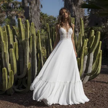 Smileven Bohemijos Nėrinių Vestuvių Suknelė Spagečiai Dirželiai Appliqued Vestuvinės Suknelės Su 3D Gėlės vestido de noiva 