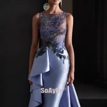 SoAyle Elegantiškas Išsiuvinėti Nėriniai Vakaro Dress Blue Undinė Kokteilis Suknelė Seksualus Atgal Rankovių Pynimas Vakaro Suknelės 2020 M.
