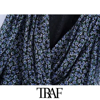 TRAF Moterų Elegantiškos Mados Gėlių Spausdinti Apkarpytos Palaidinės Derliaus ilgomis Rankovėmis Atgal Elastinga Hem Moterų Marškiniai, Elegantiškos Viršūnės