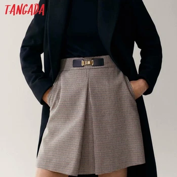 Tangada 2020 m. rudens žiemos moterys pledas modelis stora sijonai diržą puošia užtrauktukas moterų mini sijonas 4C51