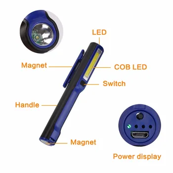 USB COB LED Žibintuvėlis Darbą Šviesos Stipraus Magnetinio Sukimosi Kablys Rašiklį, Žibintuvėlį Kempingas Mini Šviesos Lempos Žibintuvėlis su USB Kabeliu