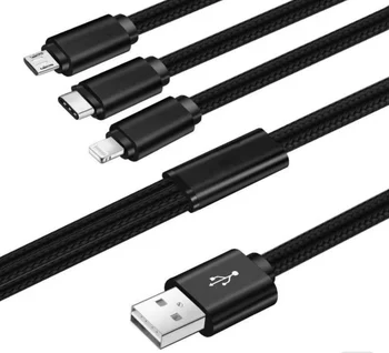 USB kabelio tipas-C/microUSB/žaibo 3bs-5 2.1 (3 in 1), nailonas juodas