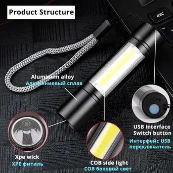 USB Įkrovimo įmontuota Baterija Žibintuvėlis LED XPE COB Šviesos 3 Režimai Mini Zoom Lauko Kempingas Lempa Vandeniui Darbo Patvarus