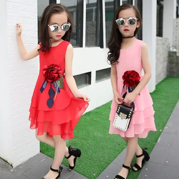 Vaikai 2020 naujas vasaros didelis gėlių šifono mergina suknelė be rankovių vientisos spalvos suknelė 3 4 5 6 7 8 9 10 11 12 metų mergytę drabužiai