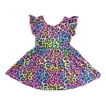 Vaikiška mergaitė plazdėjimas rankovėmis suknelė mados boutique mergina leopard atsisukti suknelė aukštos kokybės vaikai frocks