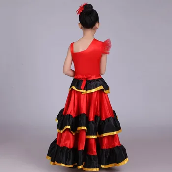 Vaikų Mergaičių Raudona Pilvo Šokių Suknelė Ispanų Flamenko Kostiumų Pramoginiai Genčių Suknelė Su Galvos Gėlių