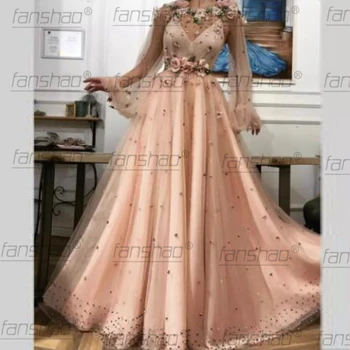 Vakaro Suknelės Vien Kaklo Chalatas De Soiree Longue-Line 3D Gėlių Promenadzie Suknelė ypatinga Proga Ilgai Vakare Chalatai Arabijos