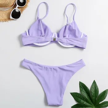 Vasarą ponios vientisa spalva padalinta maudymosi kostiumėlį, violetinė patogus šviežių mados seksualus maudymosi kostiumėlį paplūdimio surinkti bikini 02*
