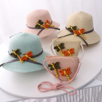 Vasarą vaikai mergina atsitiktinis šiaudų skrybėlę naujagimį, vaikai, vaikas, mergaitė animaciją dragonfly gėlių Saulės, skrybėlę ir maišeliai, juostelės panama gorros