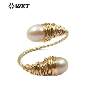 WT-R342 Natūralių gėlavandenių Perlų Žiedas Viela Suvynioti Perlų Žiedas Su Aukso Electroplated Reguliuojamo Dydžio bižuterijos Moteris