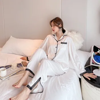 White Satin Moterų 2VNT Pižama Kostiumas Sleepwear Pavasario Vasaros Plonas Šilkinis Miego Nustatyti Atsitiktinis Palaidų Namų Drabužius ilgomis Rankovėmis Pijamas