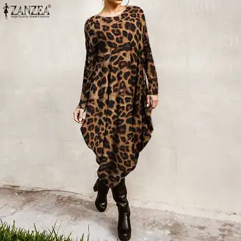 ZANZEA Elegantiškas Atsitiktinis Midi Asimetrinė Suknelė moterų Pavasario Sundress ilgomis Rankovėmis Vestido Moterų Leopardas Spausdinti Drabužius, Plius Dydis
