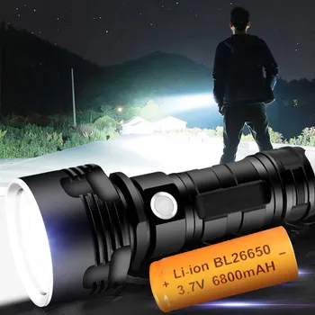 Žibintuvėlis Galingas LED XHP50 Fakelas USB Įkrovimo Vandeniui Lempos Itin Ryškios Juoda Priartinimas 3 Apšvietimo Režimas Lanterna Aliuminio P