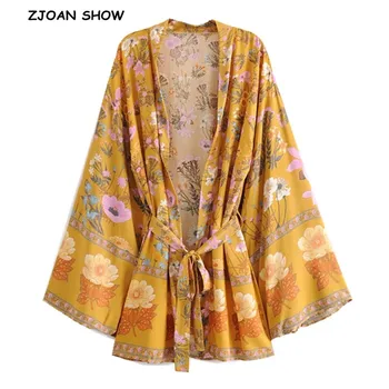 2019 Naujas Moterų Bohemijos Geltona V kaklo Gėlių Spausdinti Kimono Marškinėliai Holiday Beach Banga Lankas Varčias Vidurio Ilgas Cardigan Palaidinė Viršūnės