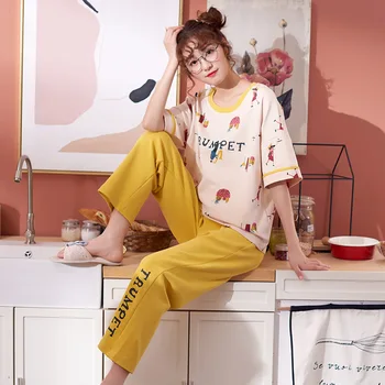 2020 Moterų Pižama Rinkiniai Plius Dydis Moteris Nighty Atsitiktinis Homewear Loungewear Medvilnės Sleepwear Cartoon O-Kaklo Pijama Pižamos pajama