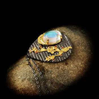 Išskirtinį Mados 925 Sidabro Ponios Karoliai Juodojo Aukso Dviejų atspalvių mėnulio akmuo Pakabukas Papuošalai Elegantiškas Megztinis Grandinės Karoliai