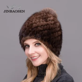 JINBAOSEN nauja storų moterų skrybėlę karšto parduoti nekilnojamojo audinės kailio kepurę ponios žiemos trikotažo vandens kepurė su lapės kailio pompoms