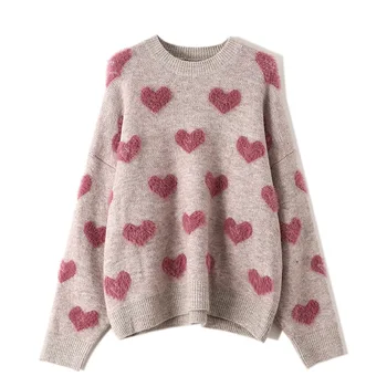 Širdies Modelio Mezgimo Megztinis Džemperis Moterims Jumper 2021 Žiemos Korėjos Kawaii Mielas Ilgomis Rankovėmis Pūkuotas Megztinis Moteriška