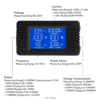 6in1 Digital AC 80~260V Elektros Energijos Monitorius Įtampa Srovės KWh Vatmetrą 100A 10A