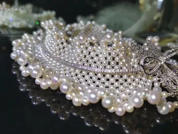 Realių gėlo vandens perlų vėrinį nėrinių 925 sterlingas sidabro bowknot choker karoliai už vestuves bauda moterų papuošalai