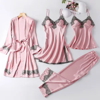 SIDDONS Moterų Pižama Rinkiniai Dirbtiniais Šilko Pižama Sleepwear Mados Elegantiškas, Seksualus Nėriniai 4 Gabalus Tiktų Pavasarį, Rudenį Homewear Naujas